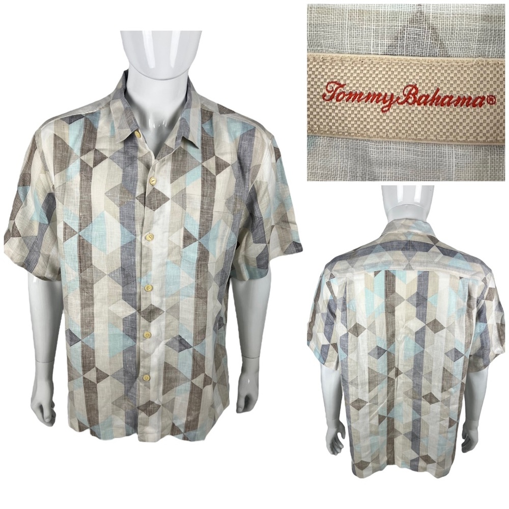 Tommy Bahama Mens XL Shirt 100% Linen Short Sleeve Geometric Reverse Print EUC
